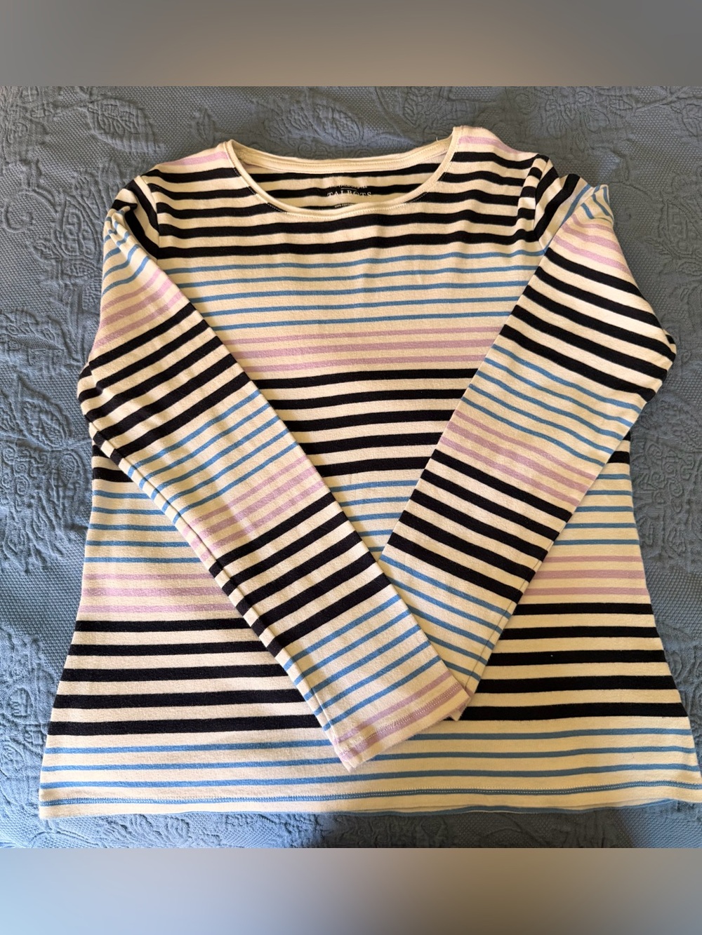 Talbots women’s Striped Long-Sleeve Tee in Black, Cream, Blue & Pink